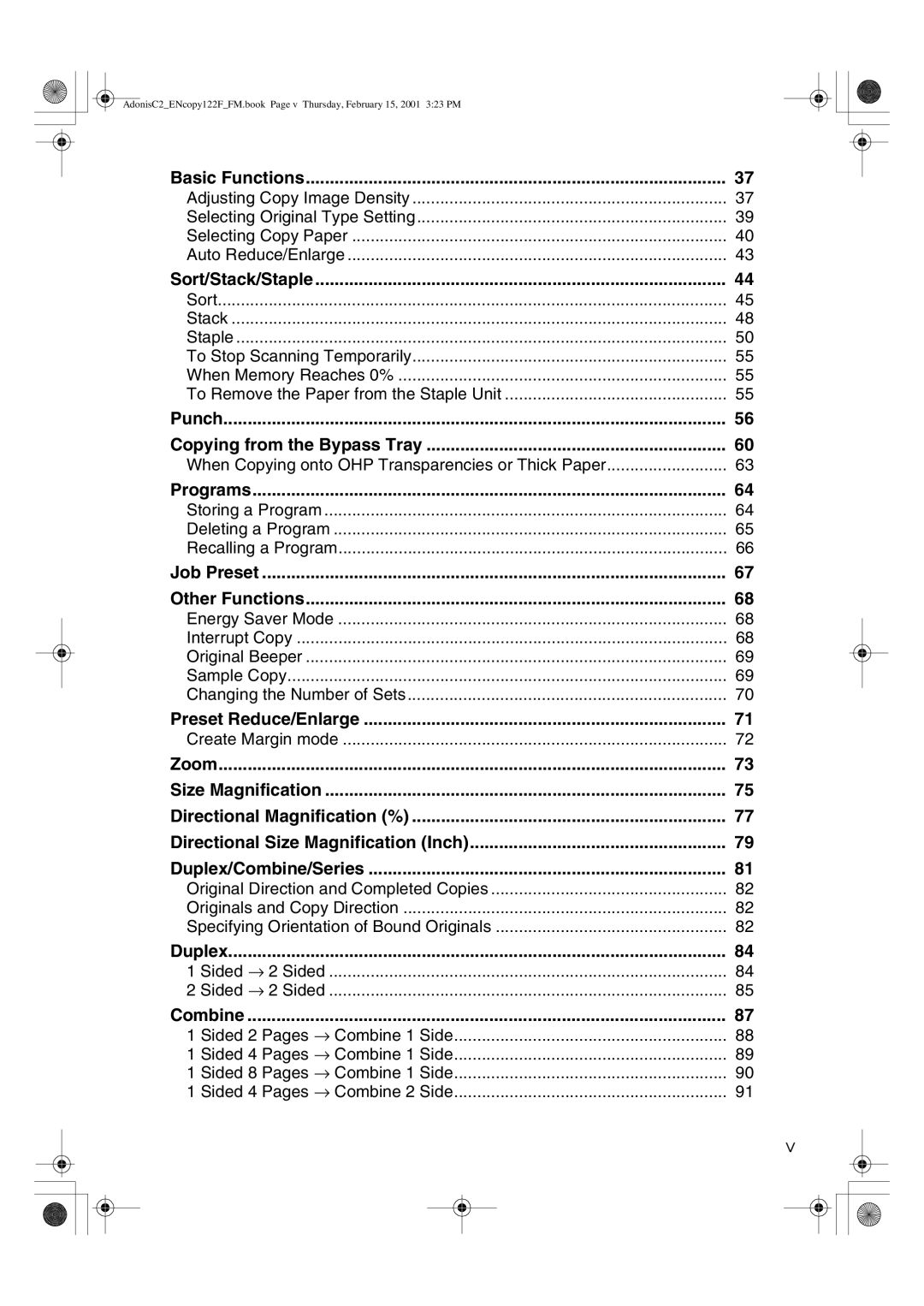 Savin 2235 Basic Functions, Sort/Stack/Staple, Punch Copying from the Bypass Tray, Programs, Job Preset Other Functions 