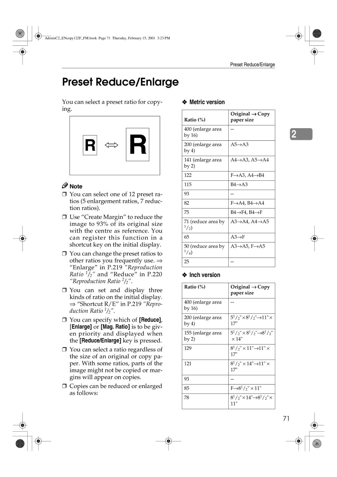 Savin 3502/3502p, 4502/4502p, 2235, 2545/2545p, 2245, 2535/2535p manual Preset Reduce/Enlarge, Ratio % Paper size 