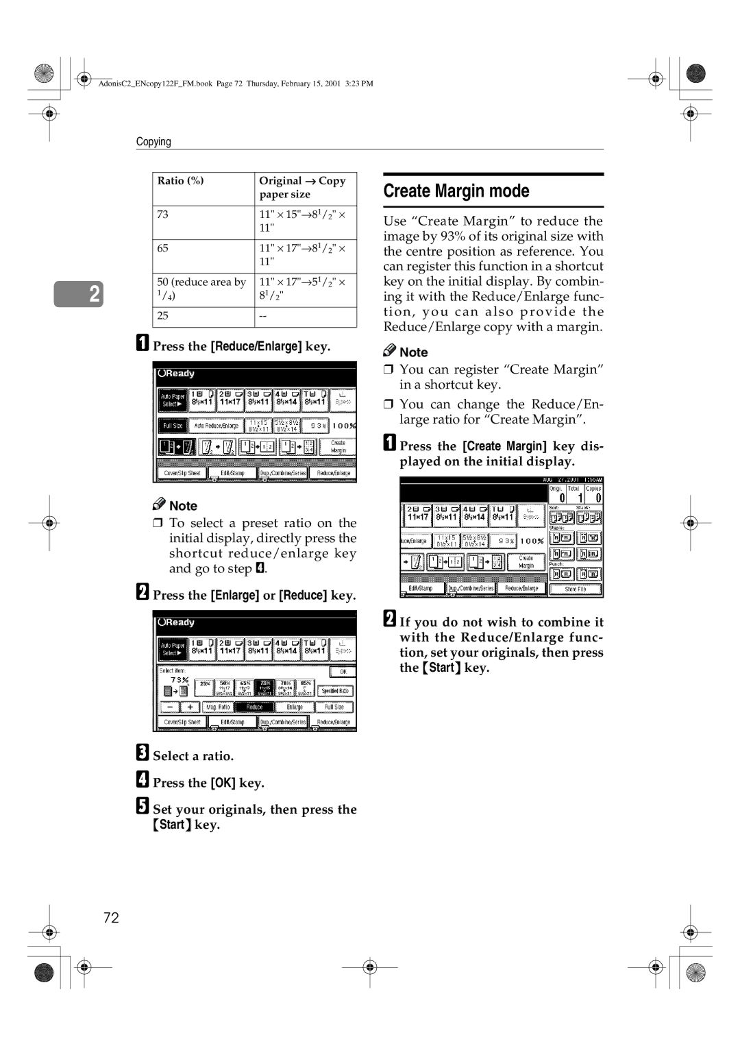 Savin 4502/4502p, 3502/3502p, 2235, 2245 Create Margin mode, Press the Reduce/Enlarge key, Press the Enlarge or Reduce key 