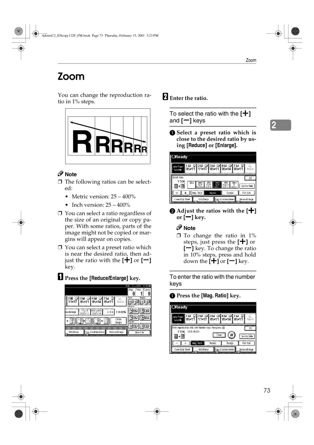 Savin 2235, 3502/3502p, 4502/4502p Zoom, Enter the ratio, Adjust the ratios with the n or o key, Press the Mag. Ratio key 