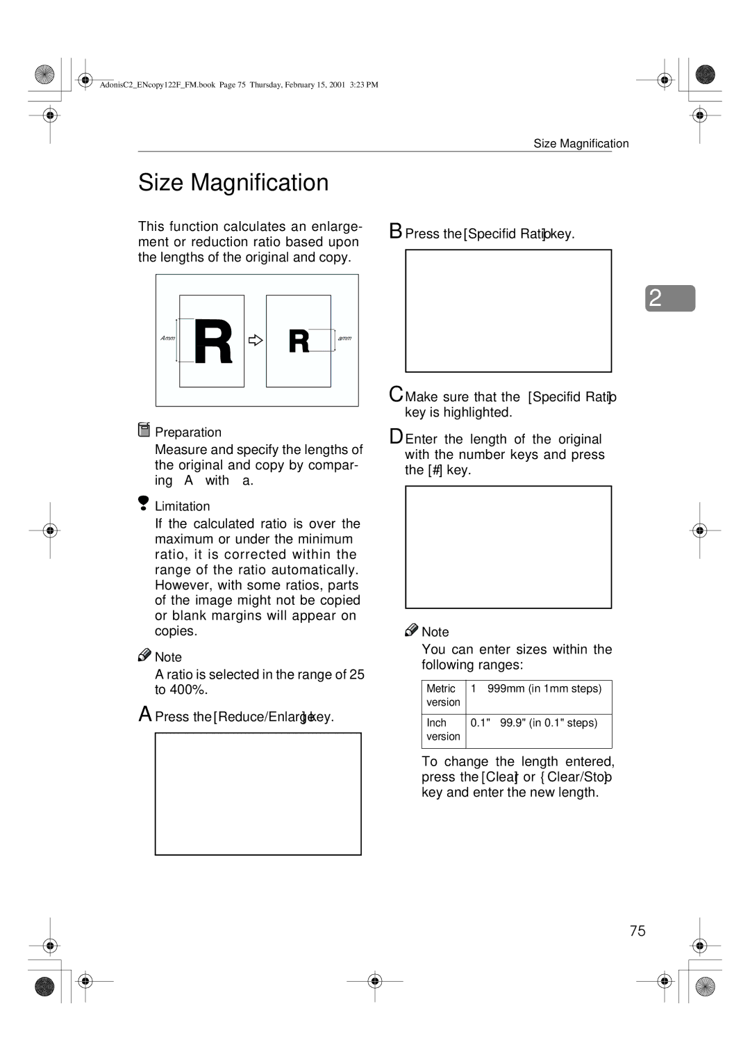 Savin 2245, 3502/3502p, 4502/4502p, 2235 manual Size Magnification, Press the Reduce/Enlarge key Press the Specifid Ratio key 