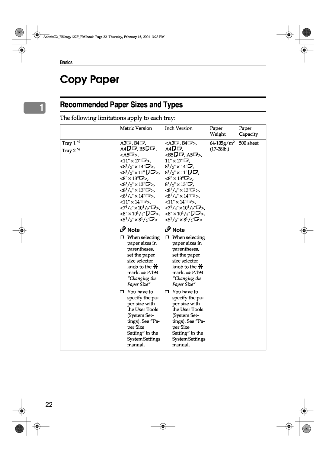 Savin 2535/2535p, 3502/3502p, 4502/4502p Copy Paper, Recommended Paper Sizes and Types, Basics, “Changing the, Paper Size” 