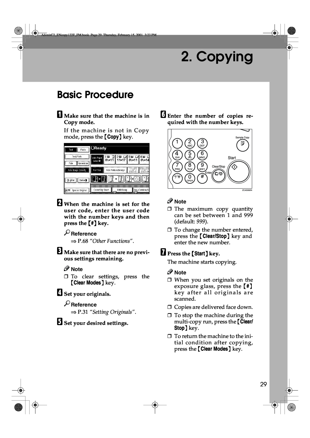 Savin 3502/3502p, 2235 Copying, Basic Procedure, A Make sure that the machine is in Copy mode, ⇒ P.68 “Other Functions” 