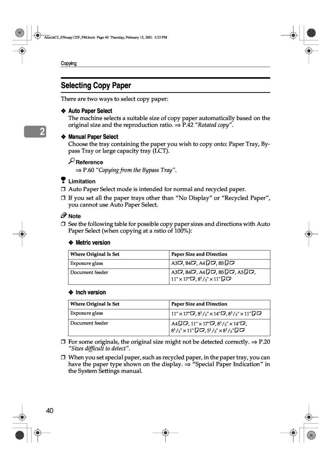 Savin 2535/2535p, 3502/3502p, 4502/4502p, 2235, 2545/2545p, 2245 Selecting Copy Paper, ⇒ P.60 “Copying from the Bypass Tray” 
