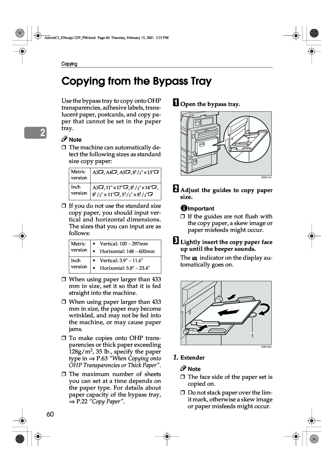 Savin 4502/4502p Copying from the Bypass Tray, A Open the bypass tray B Adjust the guides to copy paper size, Extender 