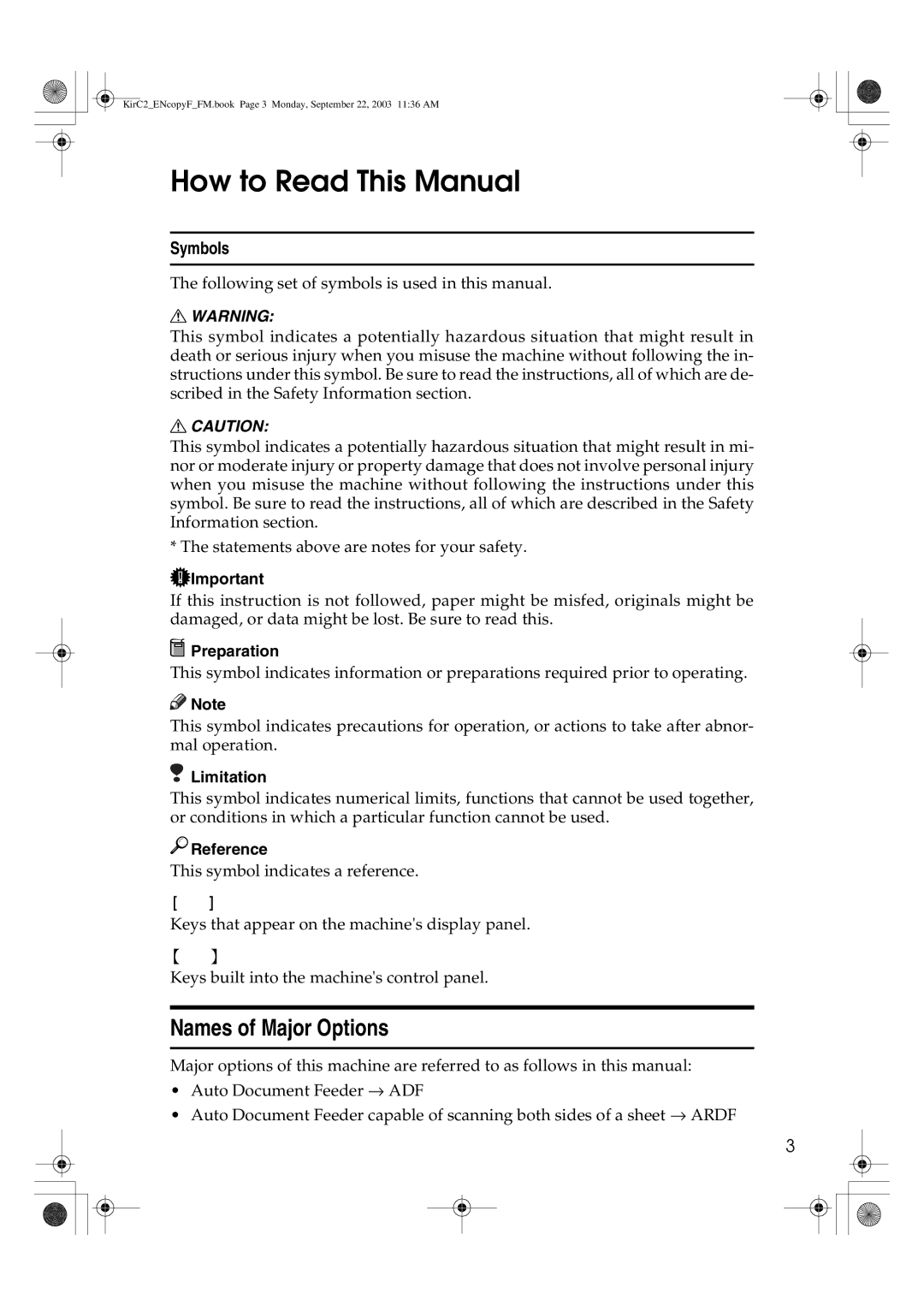 Savin 4018d, 4015 manual How to Read This Manual, Names of Major Options, Symbols 