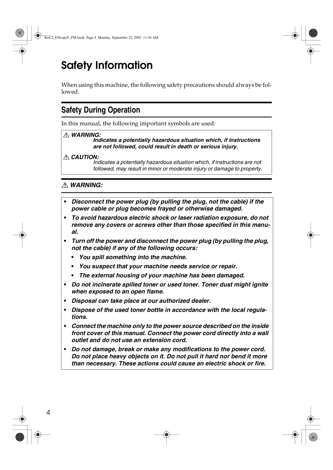 Savin 4018d, 4015 manual Safety Information, Safety During Operation 