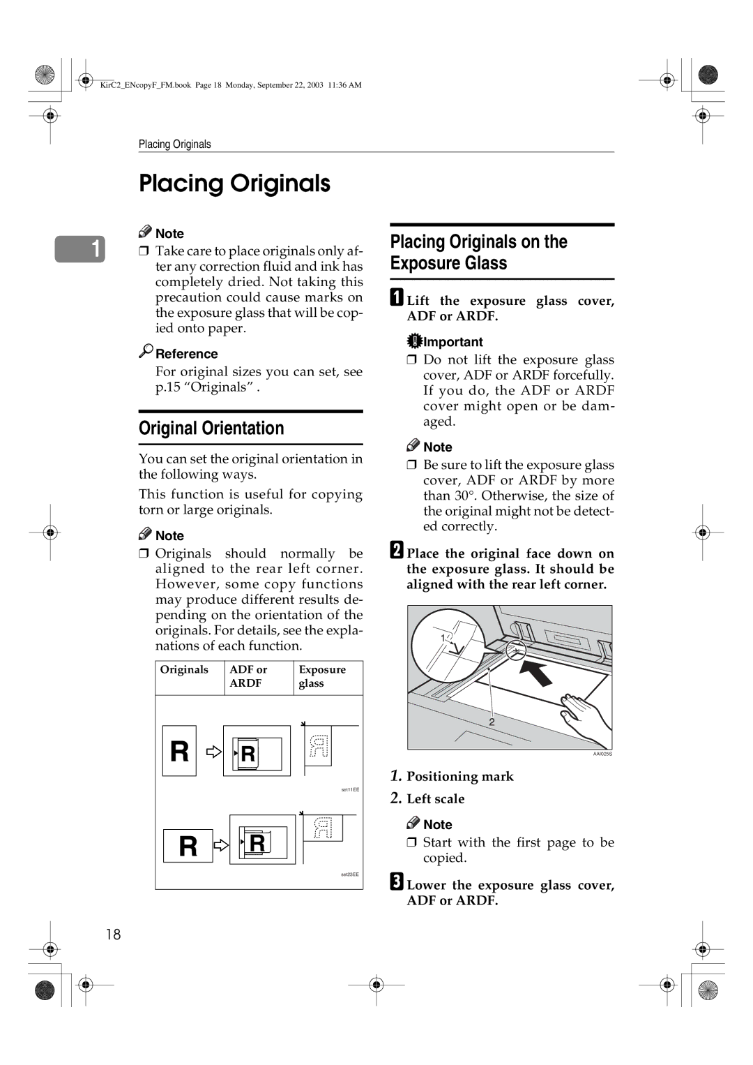 Savin 4018d, 4015 manual Original Orientation, Placing Originals on the Exposure Glass 