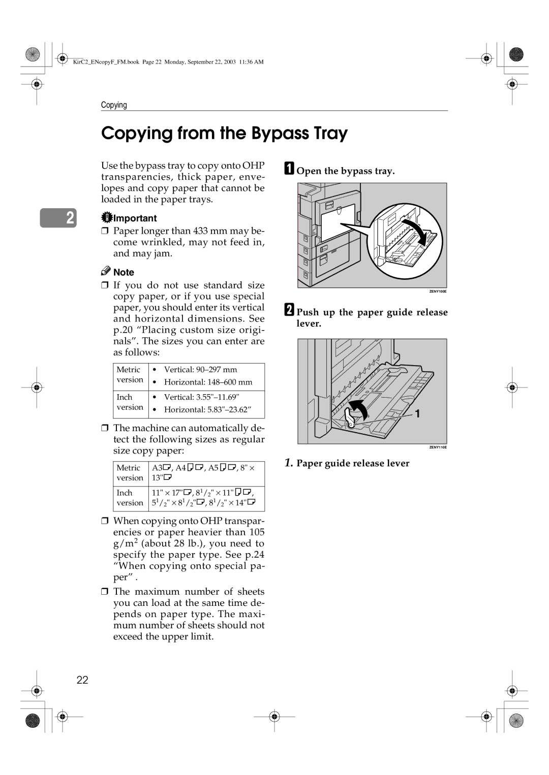 Savin 4018d, 4015 manual Copying from the Bypass Tray, Open the bypass tray, Push up the paper guide release lever 