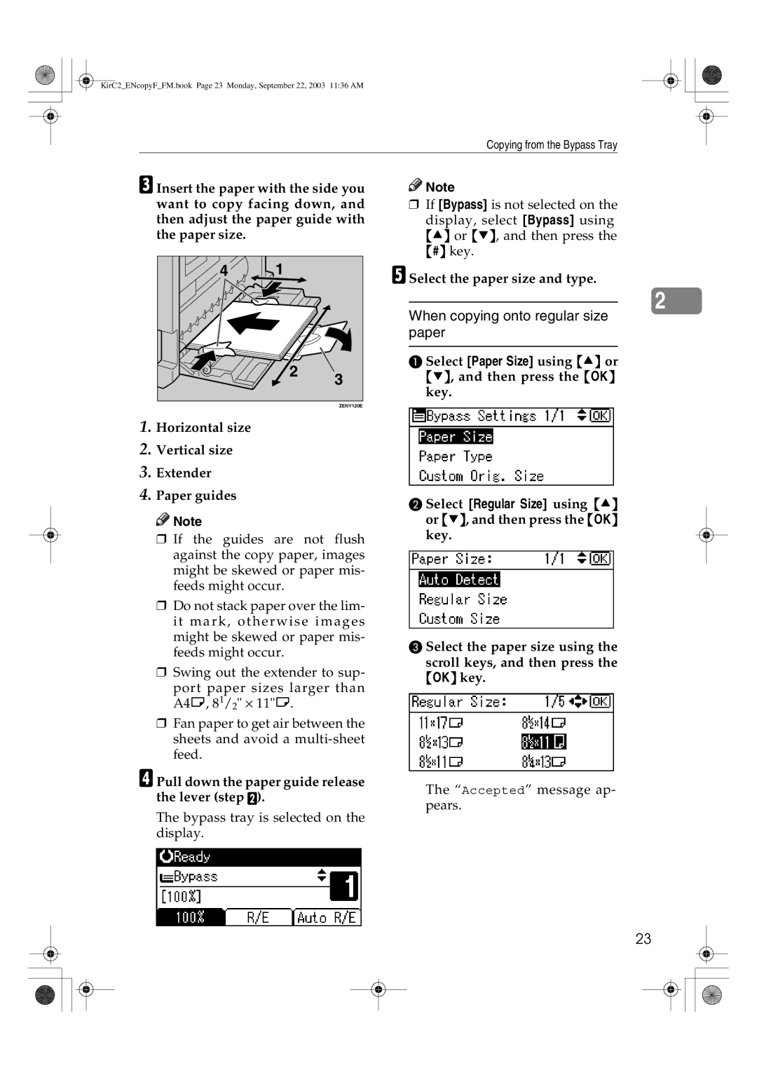 Savin 4015, 4018d Horizontal size Vertical size Extender Paper guides, Pull down the paper guide release the lever step B 