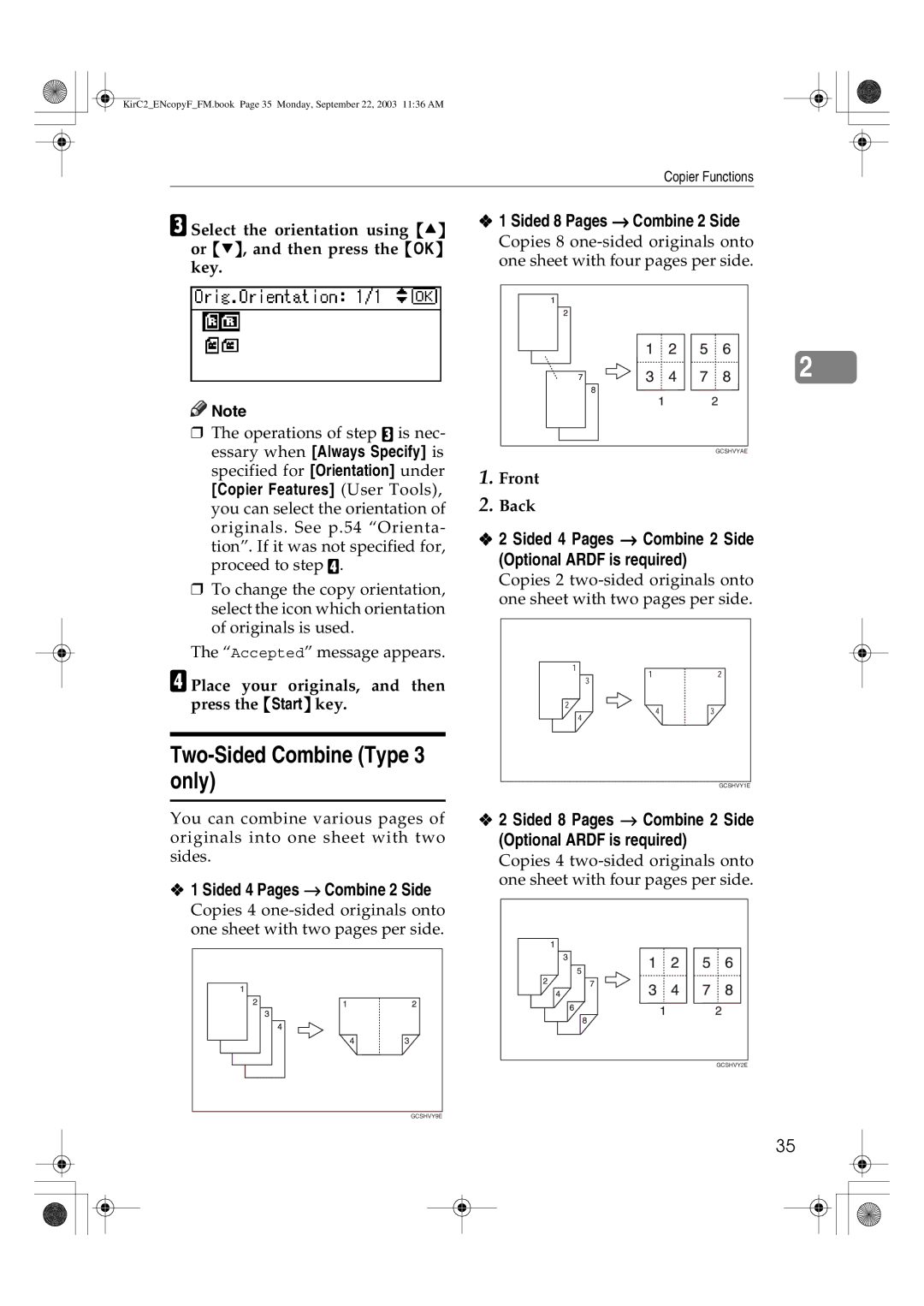 Savin 4015, 4018d manual Two-Sided Combine Type 3 only, Sided 8 Pages → Combine 2 Side, Sided 4 Pages → Combine 2 Side 