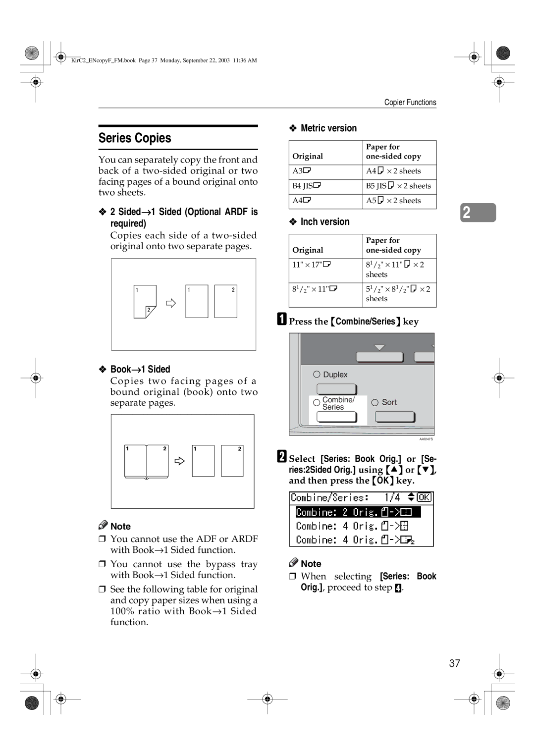 Savin 4018d, 4015 manual Series Copies, Sided→1 Sided Optional Ardf is required, Book→1 Sided, Press the Combine/Series key 