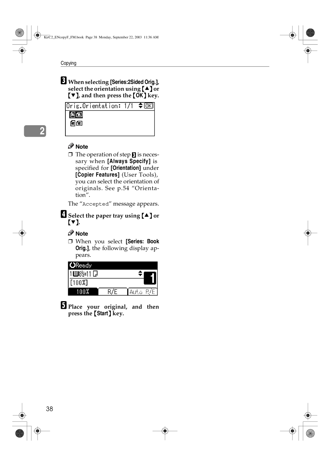 Savin 4015, 4018d manual Select the paper tray using U or T, Place your original, and then press the Start key 