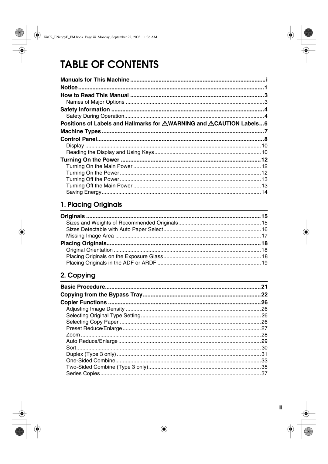 Savin 4018d, 4015 manual Table of Contents 