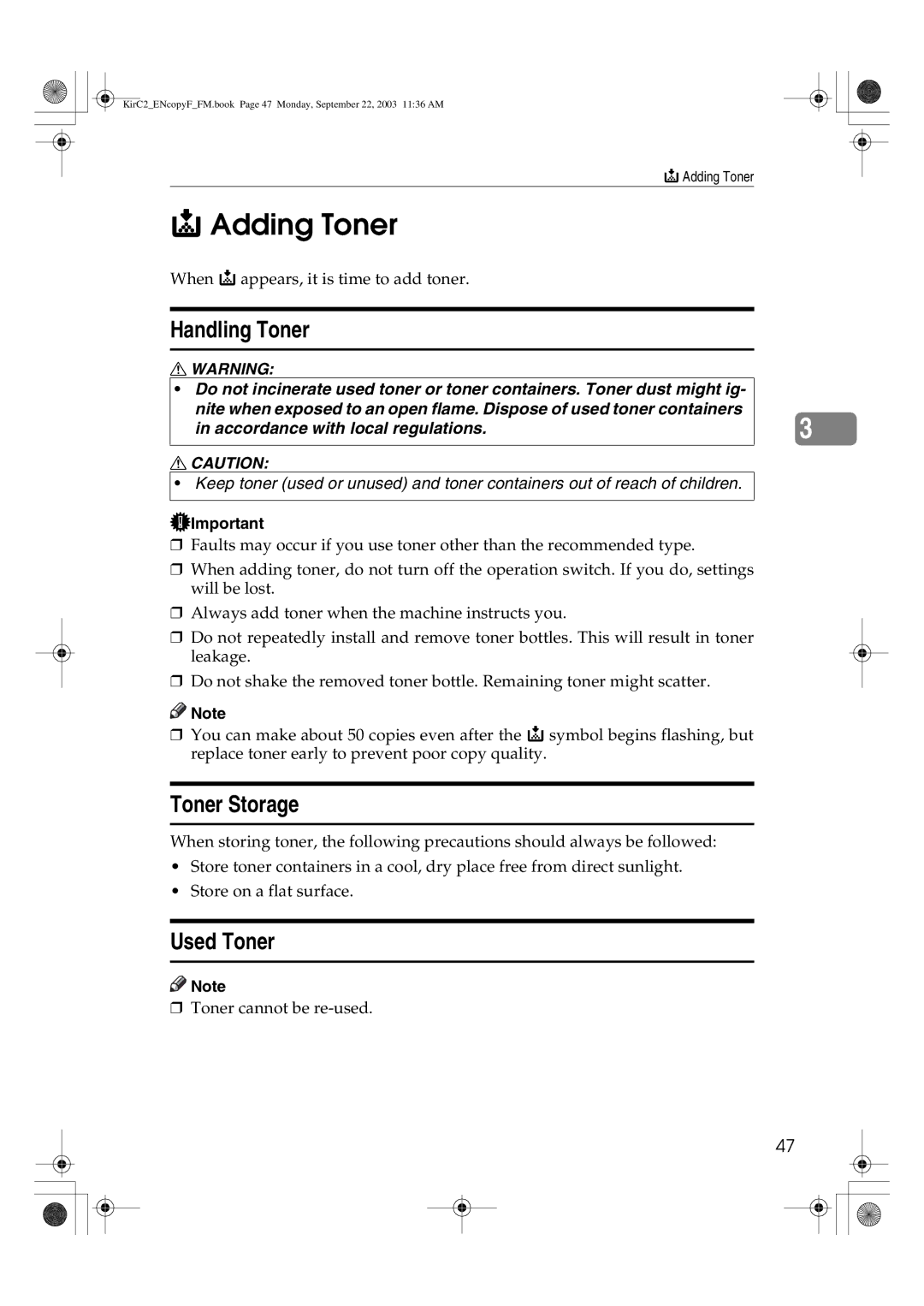 Savin 4015, 4018d manual Adding Toner, Handling Toner, Toner Storage, Used Toner 