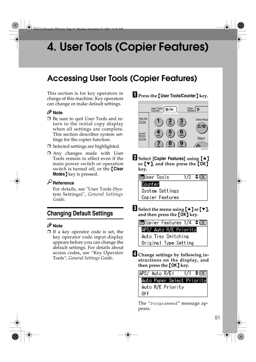 Savin 4018d, 4015 Accessing User Tools Copier Features, Changing Default Settings, Press the User Tools/Counter key 