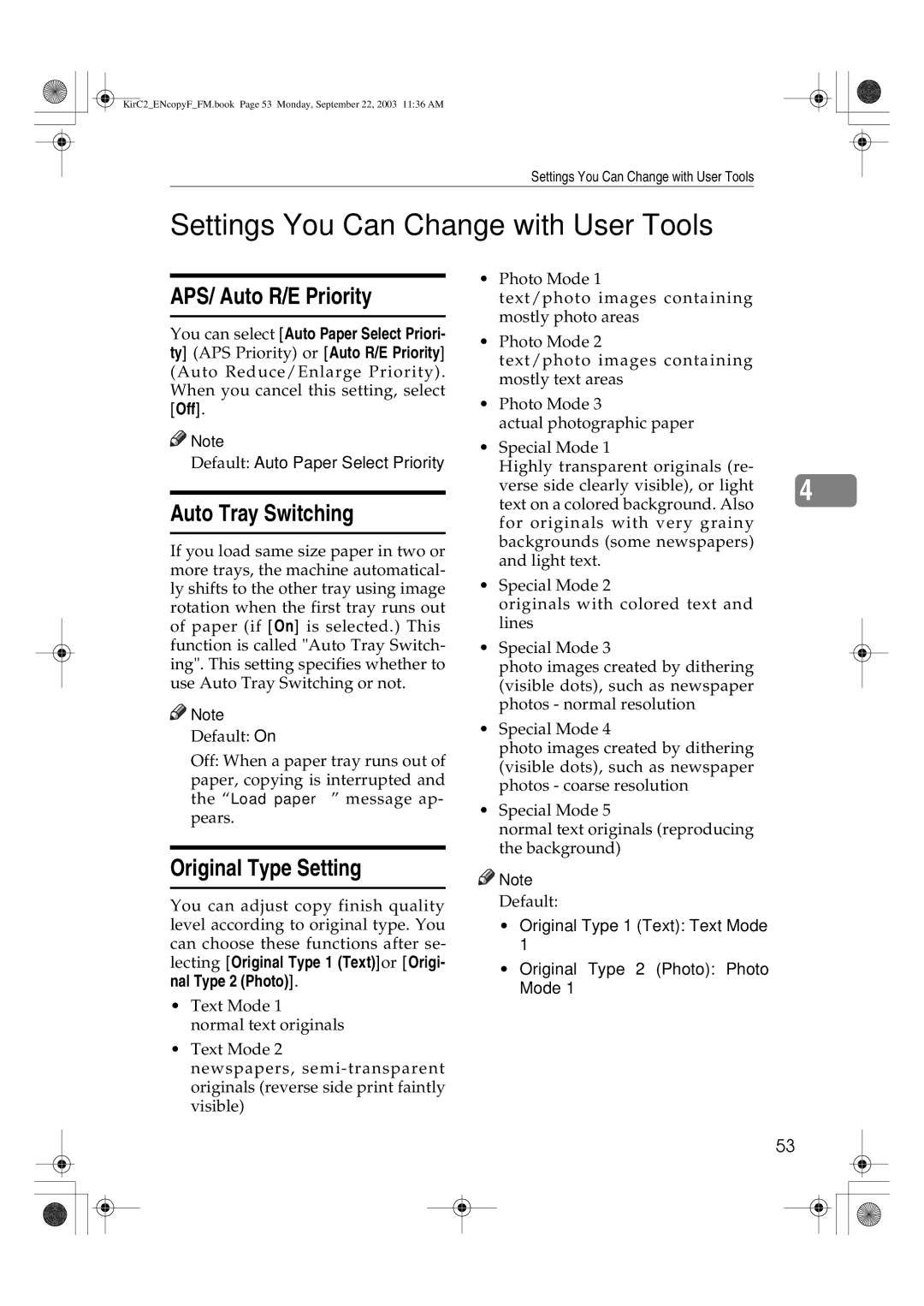 Savin 4015 Settings You Can Change with User Tools, APS/ Auto R/E Priority, Auto Tray Switching, Original Type Setting 