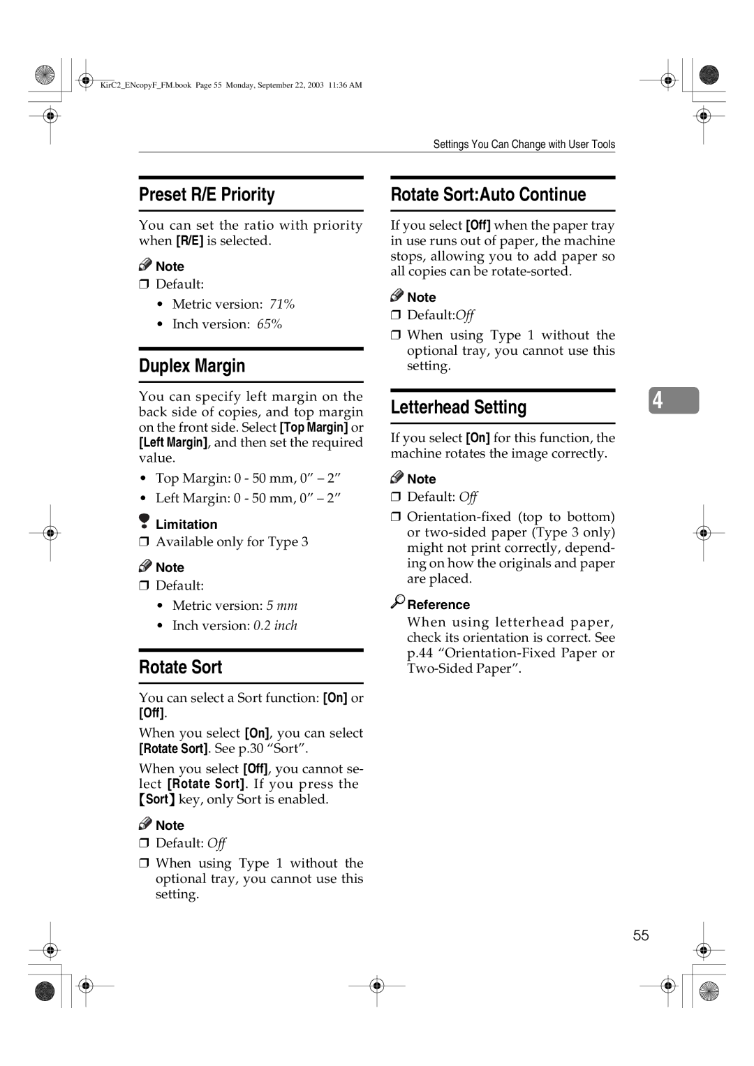 Savin 4018d, 4015 manual Preset R/E Priority, Duplex Margin, Rotate SortAuto Continue, Letterhead Setting 