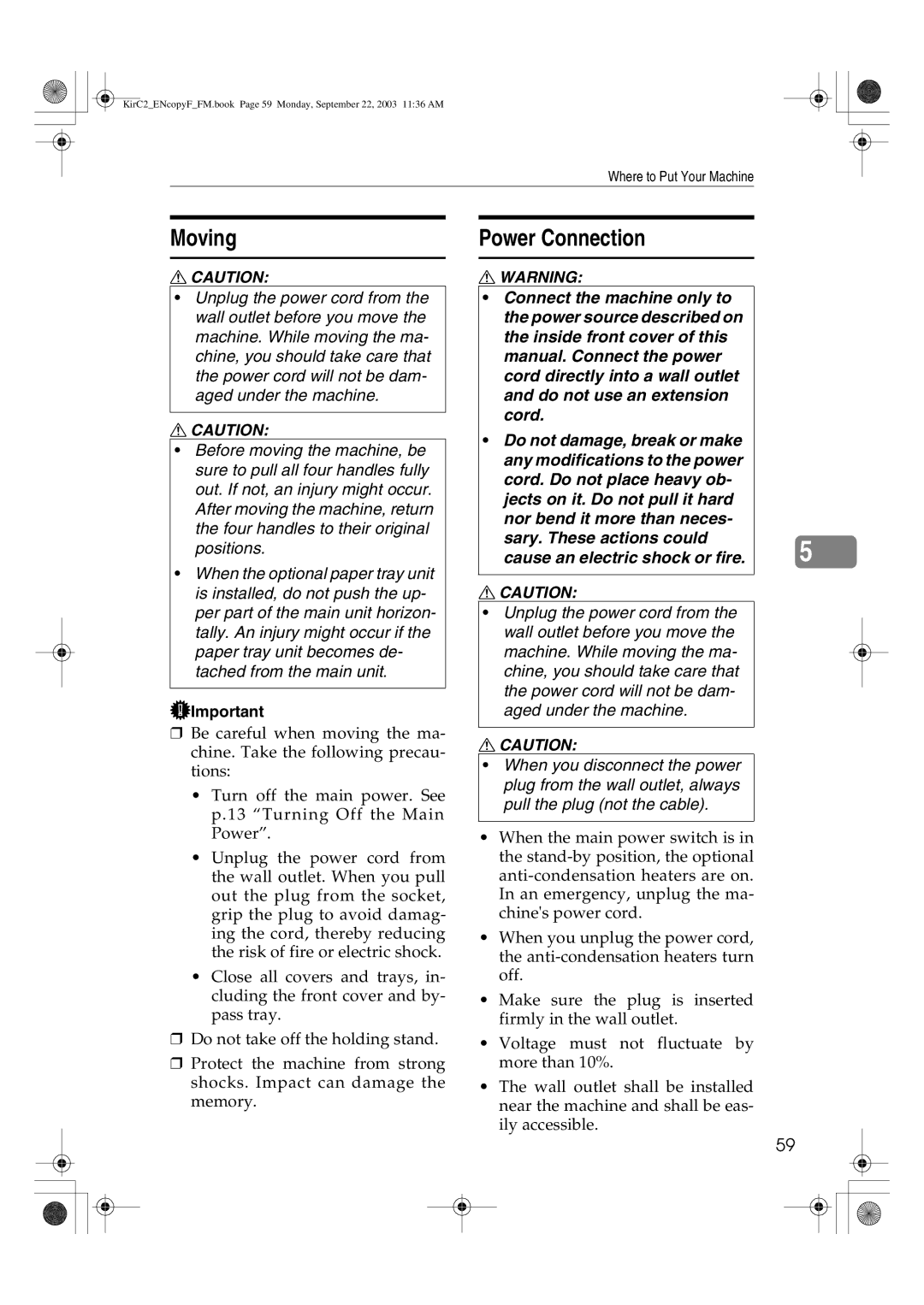 Savin 4015, 4018d manual Moving, Power Connection 