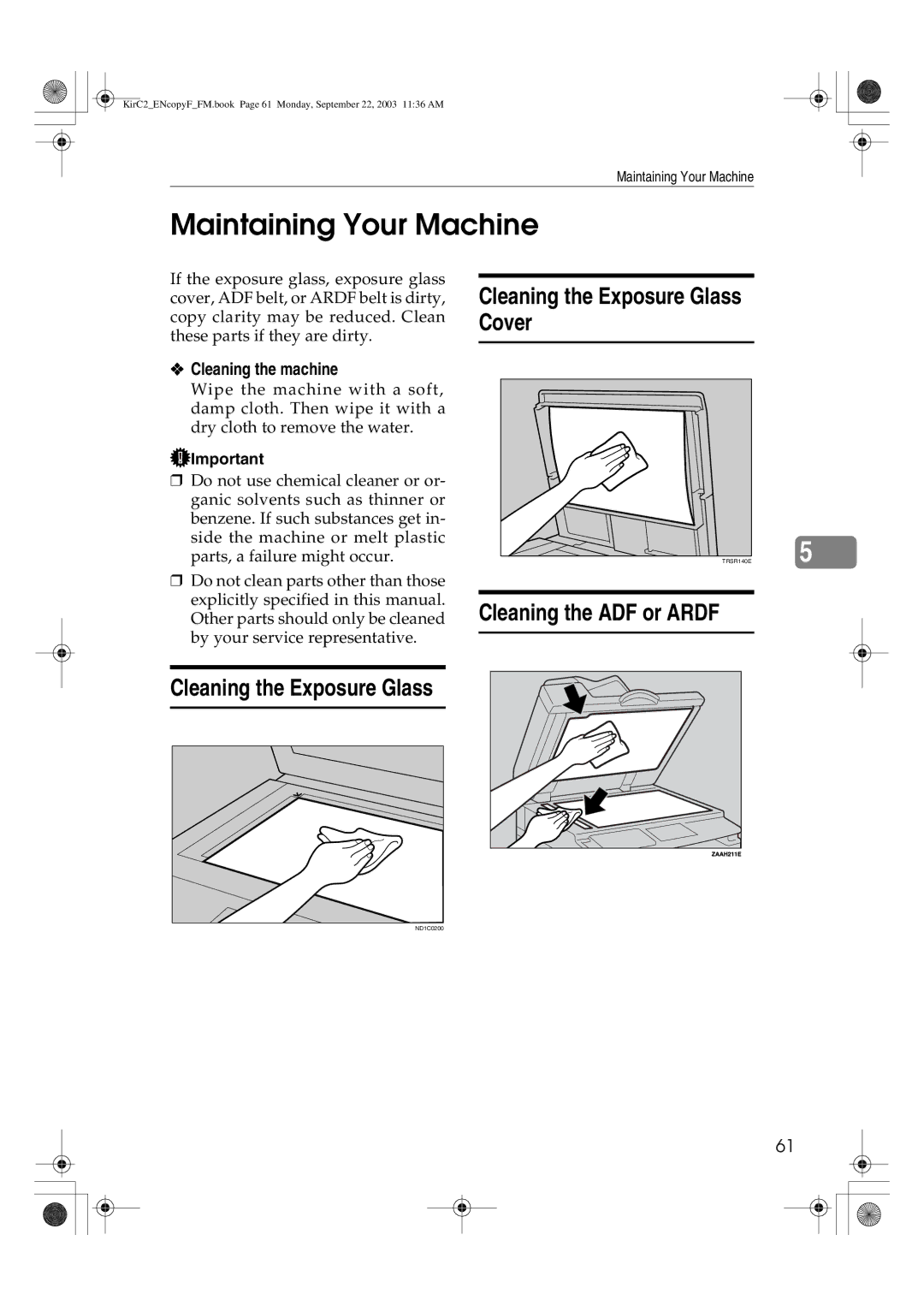 Savin 4018d, 4015 manual Maintaining Your Machine, Cleaning the Exposure Glass Cover, Cleaning the ADF or Ardf 