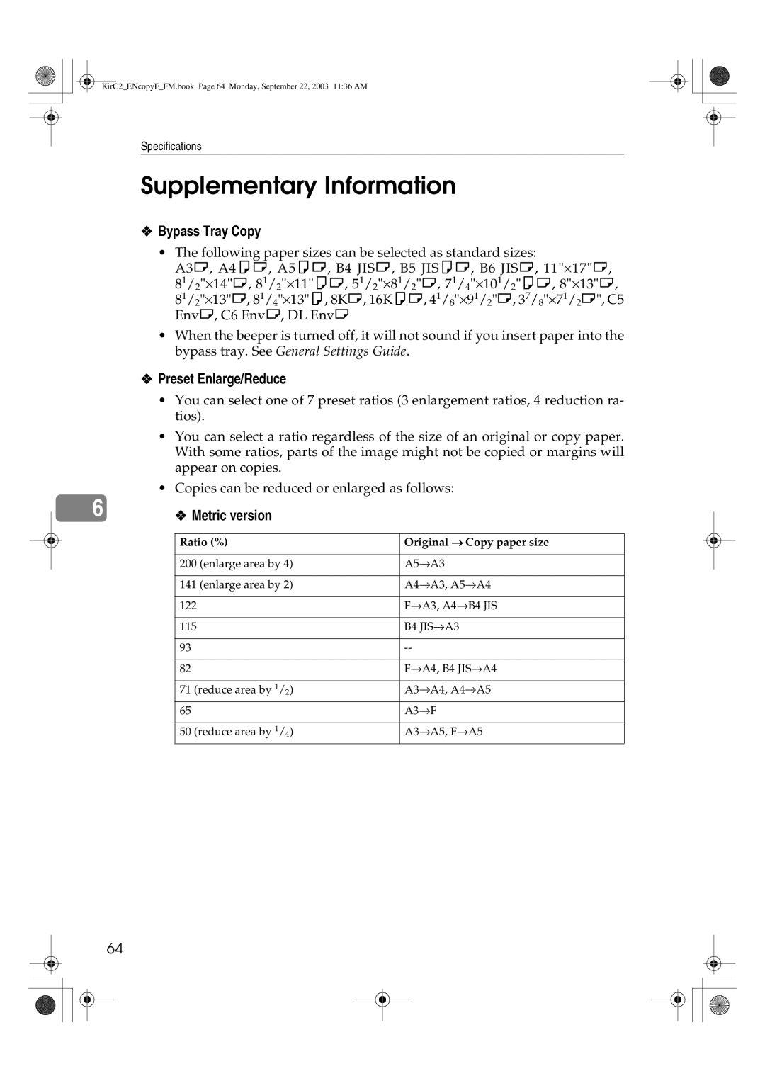 Savin 4018d, 4015 manual Supplementary Information, Bypass Tray Copy, Preset Enlarge/Reduce 