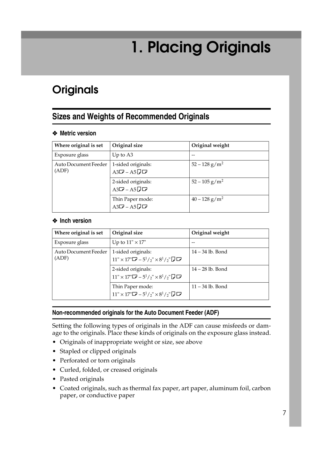 Savin 40105, 4090 manual Sizes and Weights of Recommended Originals, Metric version, Inch version 