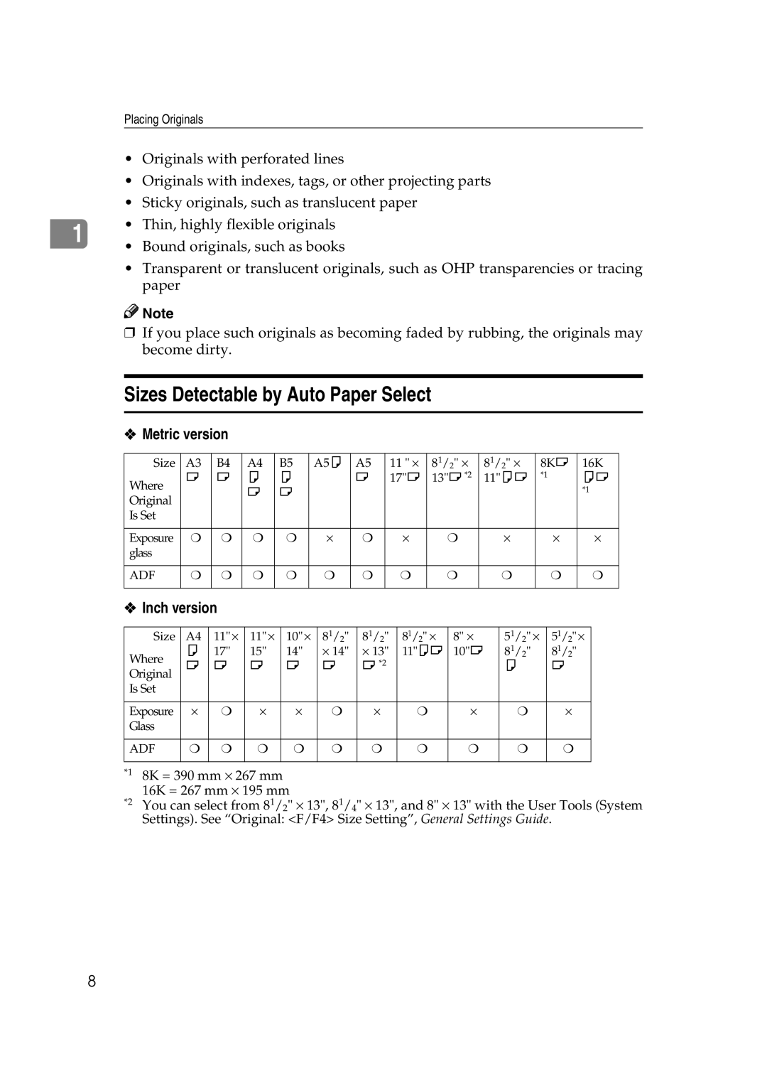 Savin 4090, 40105 manual Sizes Detectable by Auto Paper Select 