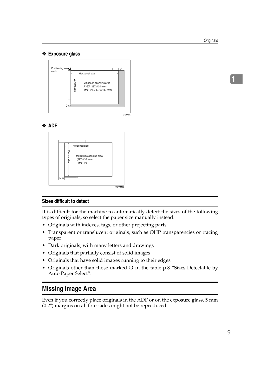 Savin 40105, 4090 manual Missing Image Area, Exposure glass, Sizes difficult to detect 