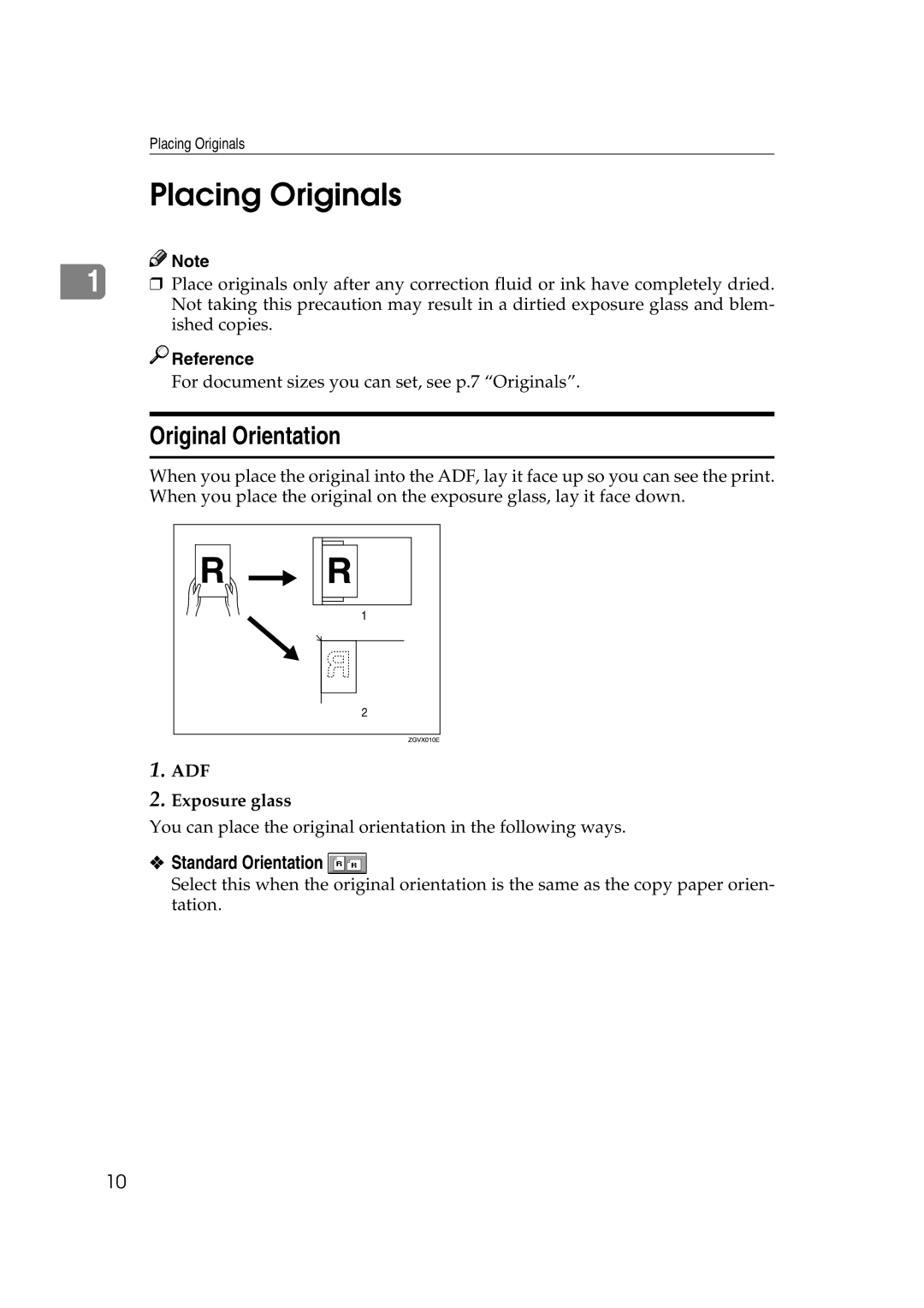 Savin 4090, 40105 manual Placing Originals, Original Orientation, Standard Orientation, ADF Exposure glass 