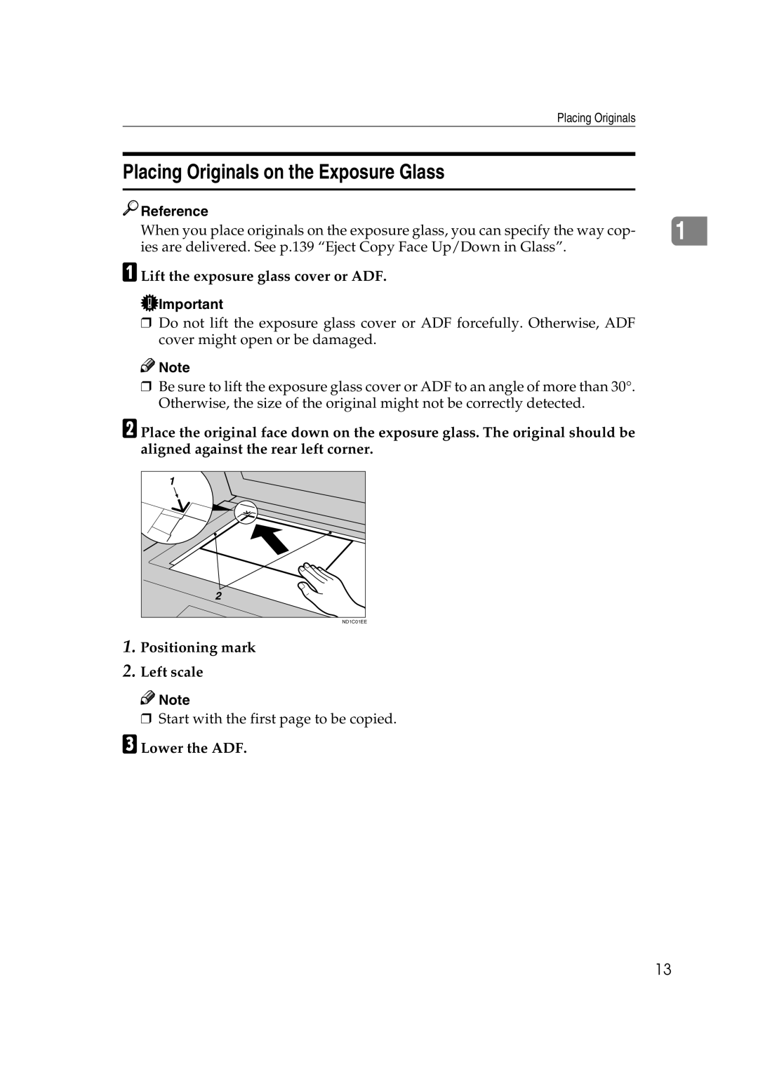 Savin 40105 Placing Originals on the Exposure Glass, Lift the exposure glass cover or ADF, Positioning mark Left scale 