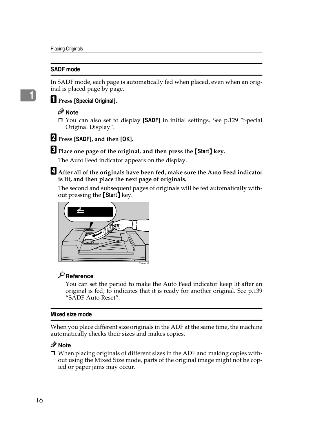 Savin 4090, 40105 manual Sadf mode, Mixed size mode 