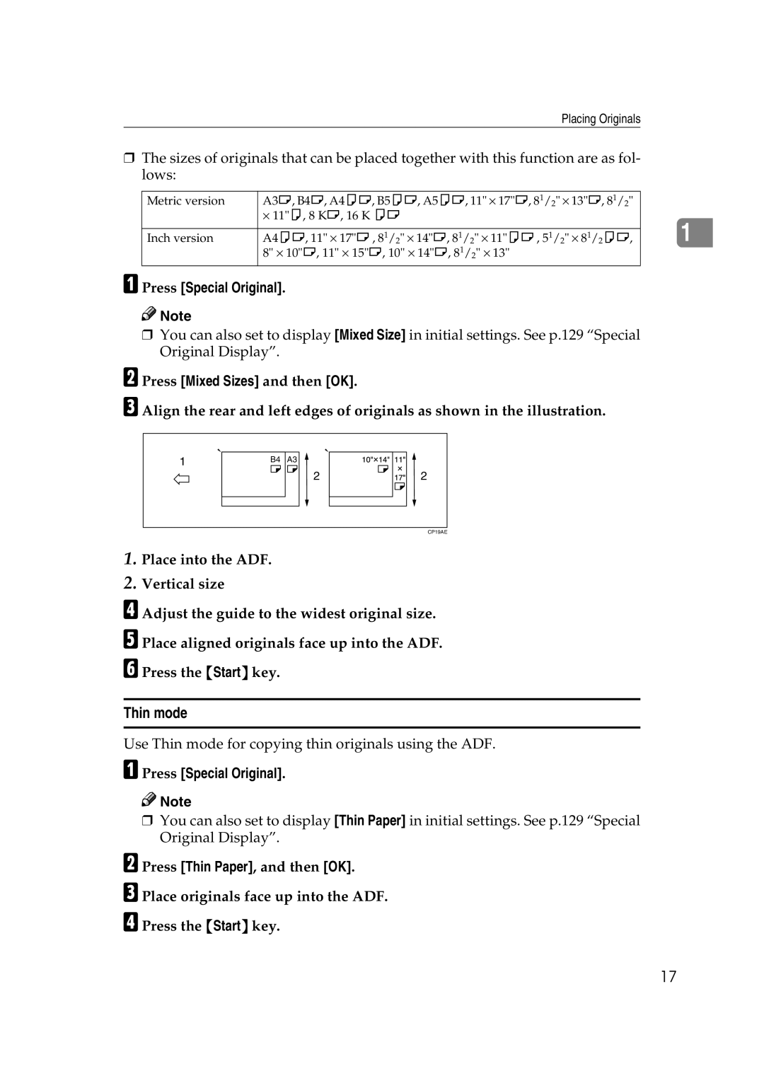 Savin 40105, 4090 manual Thin mode, Press Mixed Sizes and then OK 