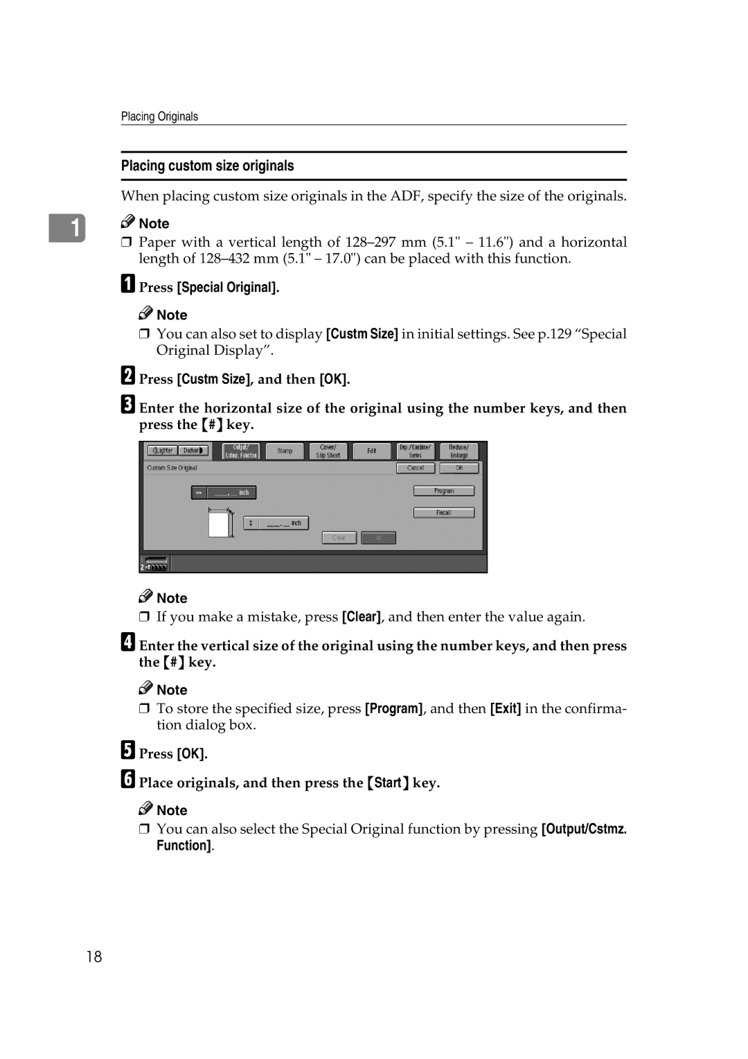 Savin 4090, 40105 manual Placing custom size originals, Press OK Place originals, and then press the Start key 