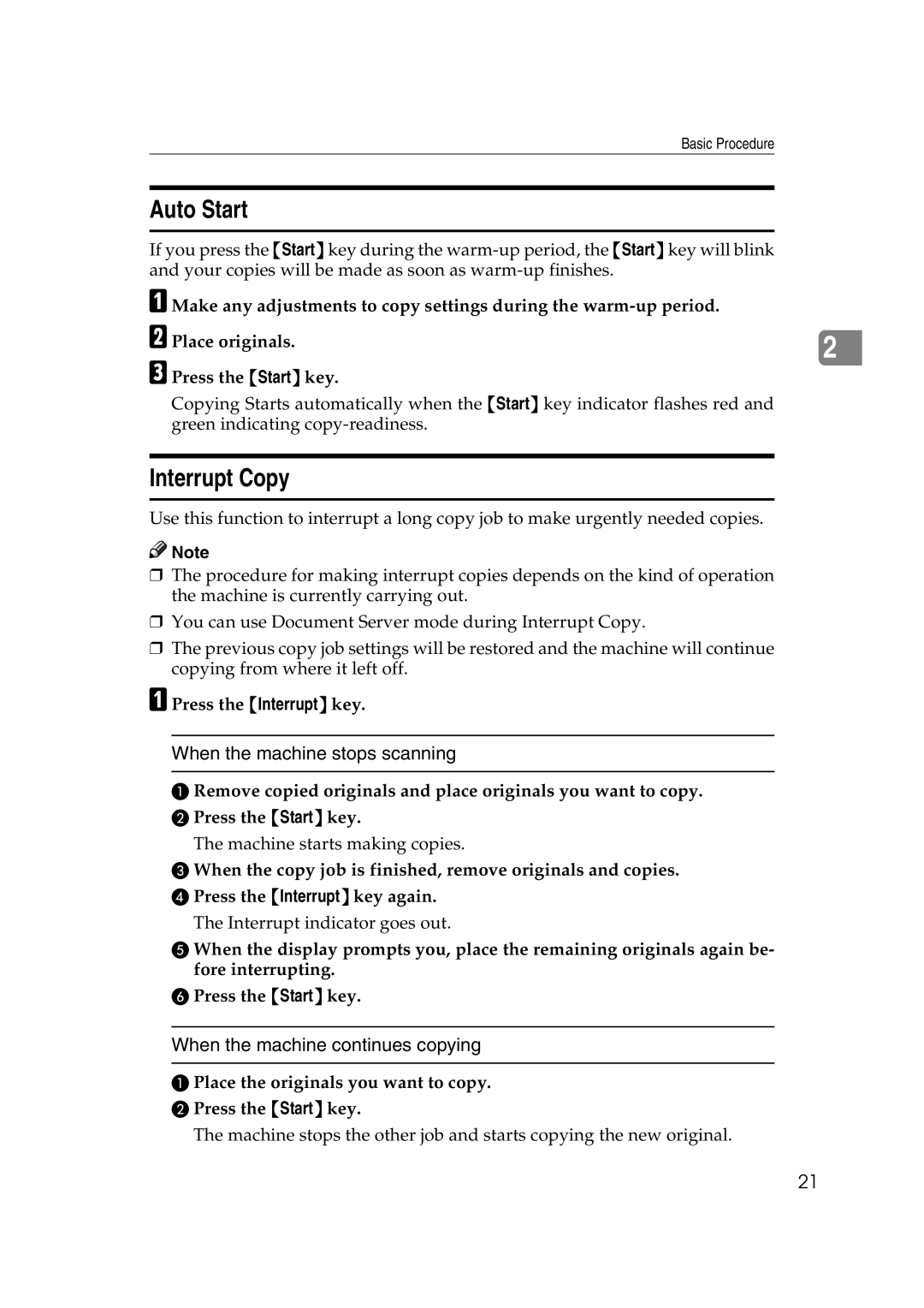Savin 40105, 4090 manual Auto Start, Interrupt Copy, When the machine stops scanning, When the machine continues copying 