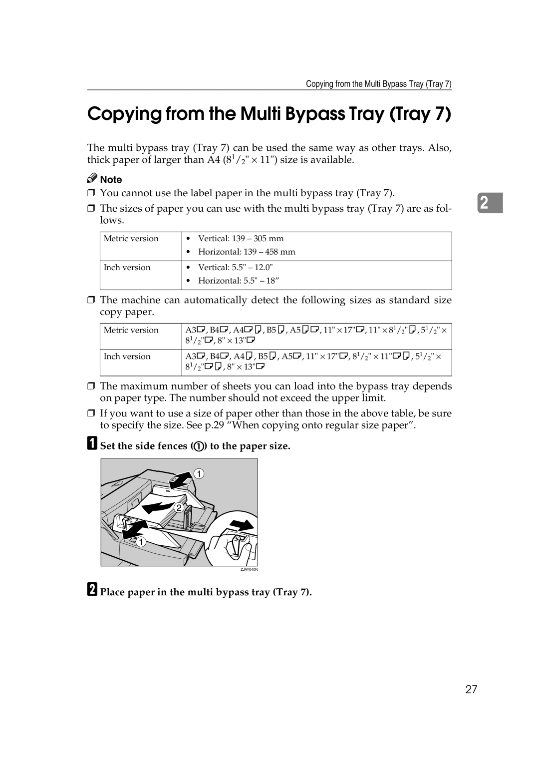 Savin 40105, 4090 manual Copying from the Multi Bypass Tray Tray, Set the side fences a to the paper size 