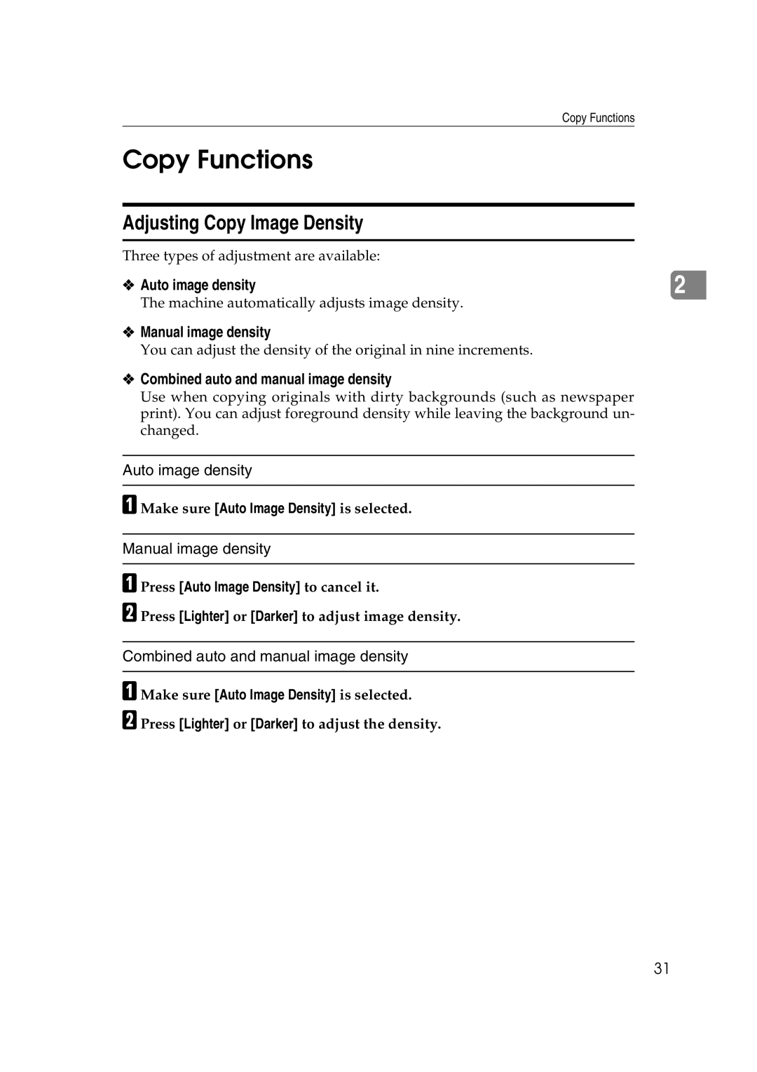 Savin 40105, 4090 manual Copy Functions, Adjusting Copy Image Density, Auto image density, Manual image density 