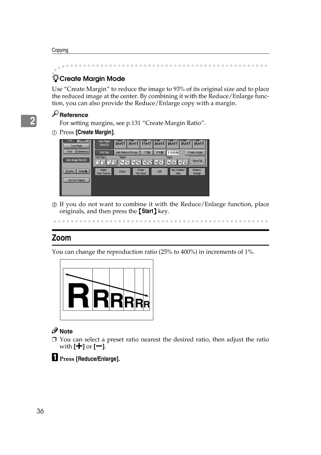 Savin 4090, 40105 manual Zoom, Press Create Margin 