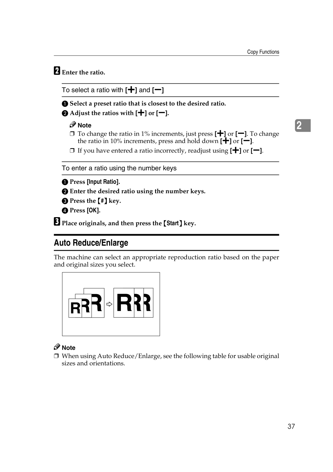 Savin 40105 Auto Reduce/Enlarge, To select a ratio with n and o, To enter a ratio using the number keys, Enter the ratio 