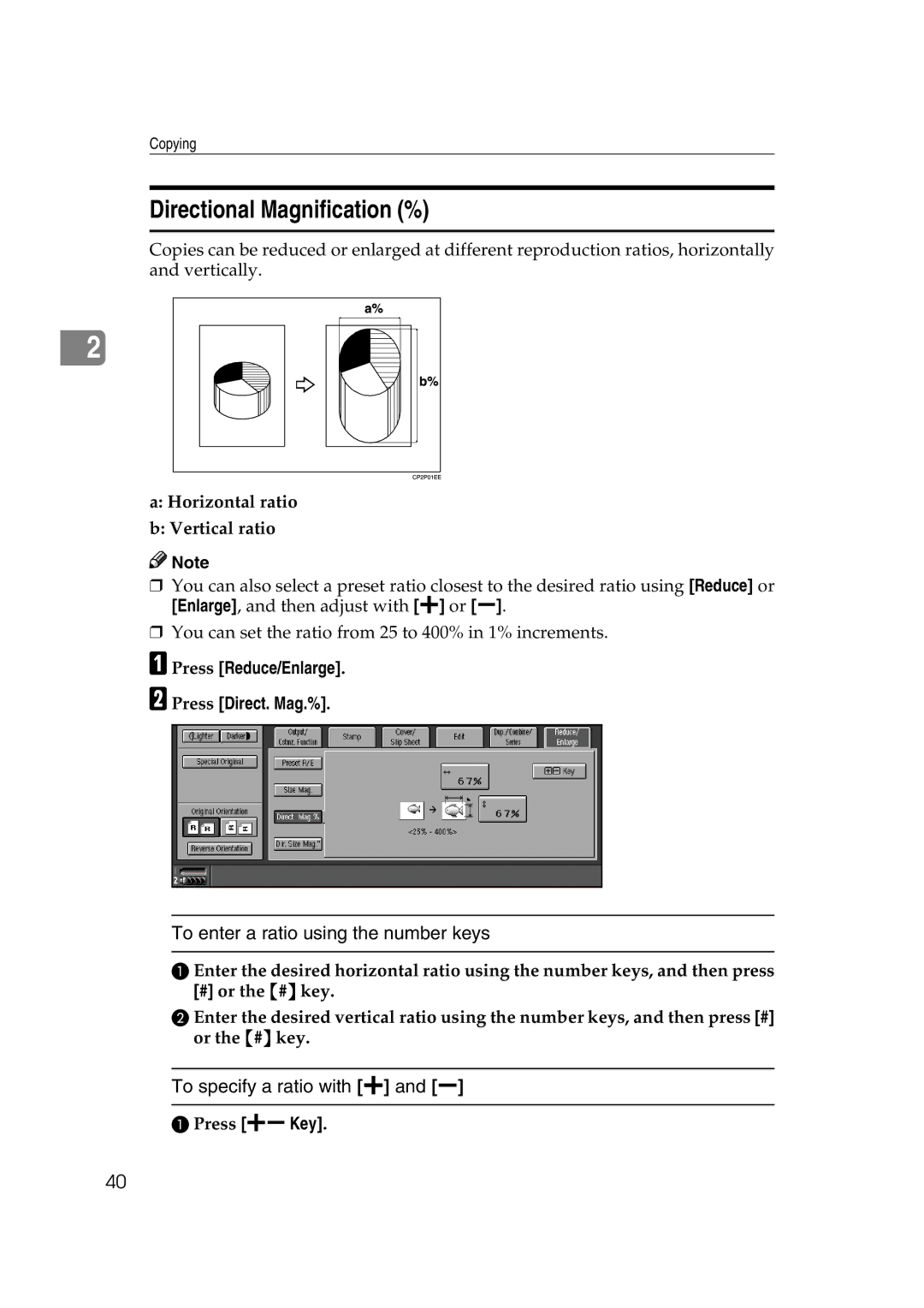 Savin 4090 Directional Magnification %, To specify a ratio with n and o, Horizontal ratio Vertical ratio, Press noKey 