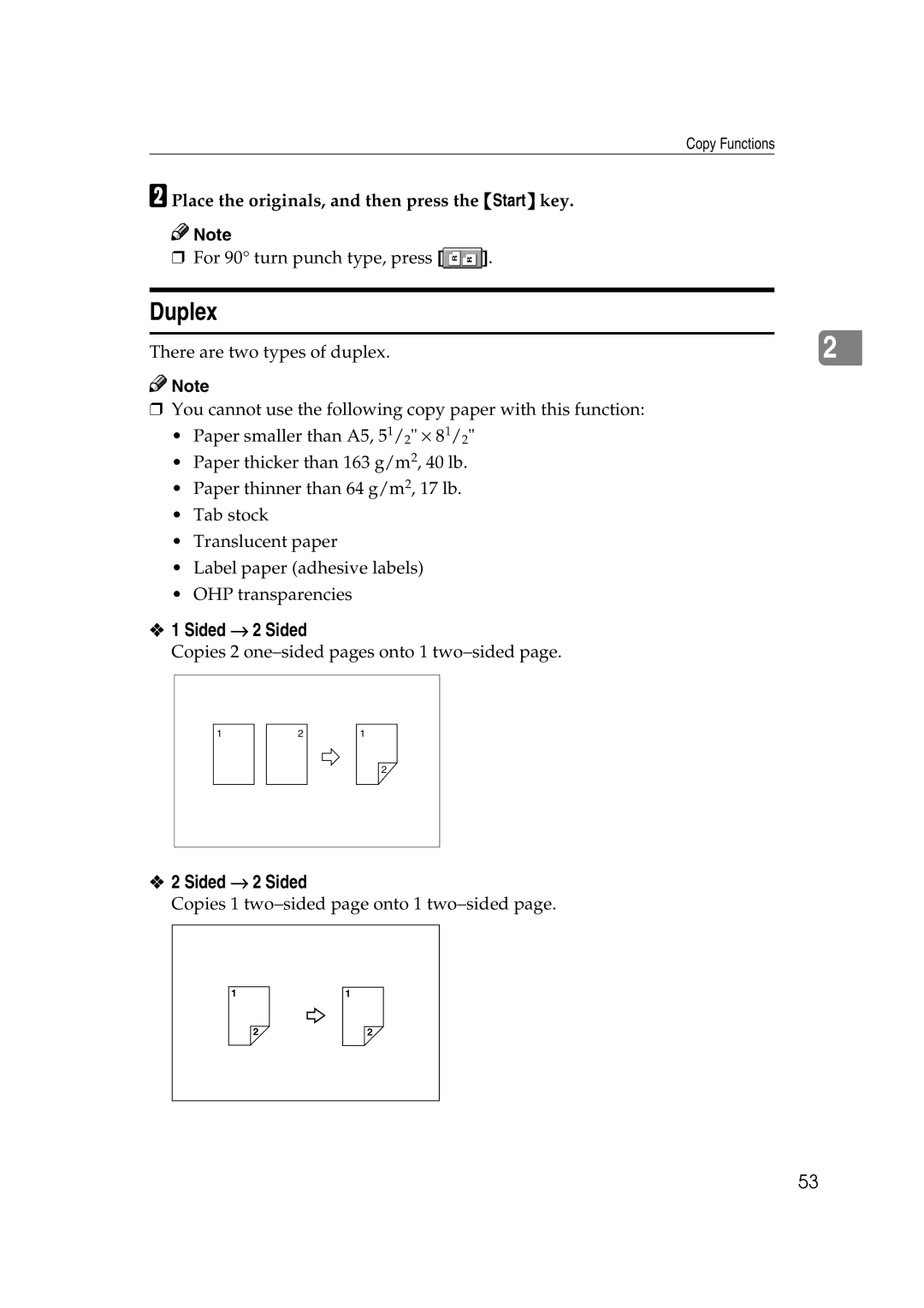 Savin 40105, 4090 manual Duplex, Sided → 2 Sided, Place the originals, and then press the Start key 