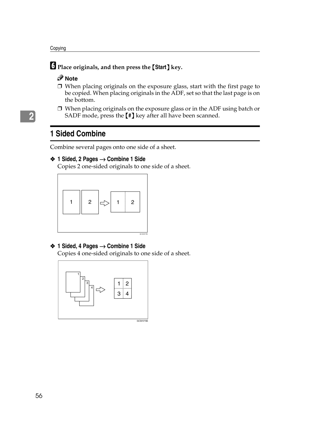 Savin 4090, 40105 manual Sided Combine, Sided, 2 Pages → Combine 1 Side, Sided, 4 Pages → Combine 1 Side 