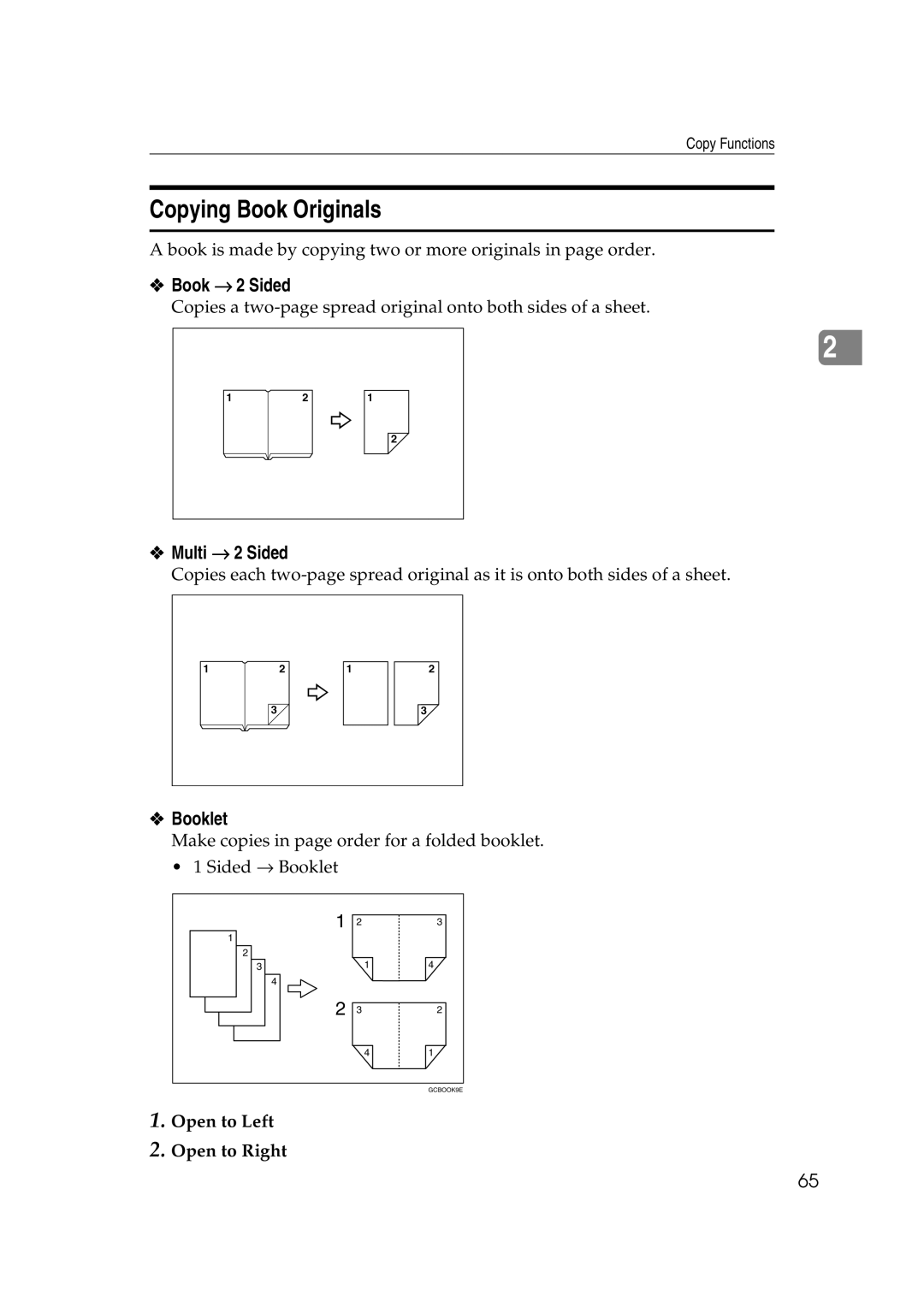 Savin 40105, 4090 manual Copying Book Originals, Book → 2 Sided, Multi → 2 Sided, Booklet, Open to Left Open to Right 
