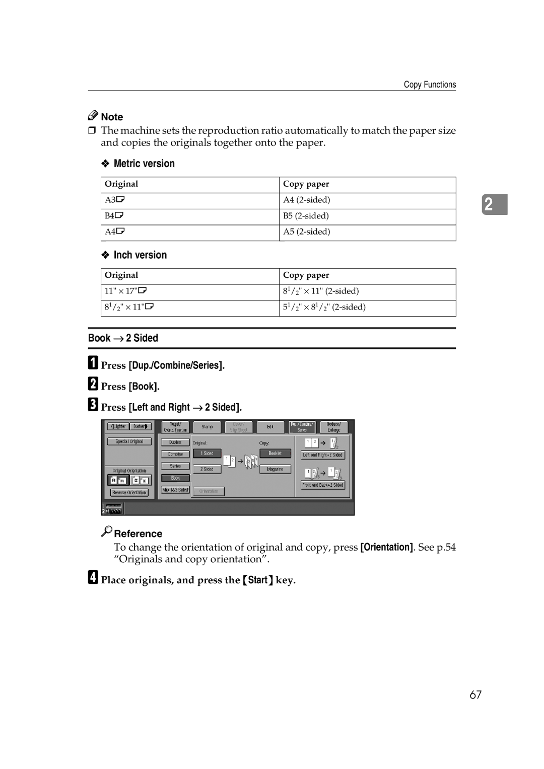 Savin 40105, 4090 manual Press Book, Press Left and Right → 2 Sided Reference, Place originals, and press the Start key 