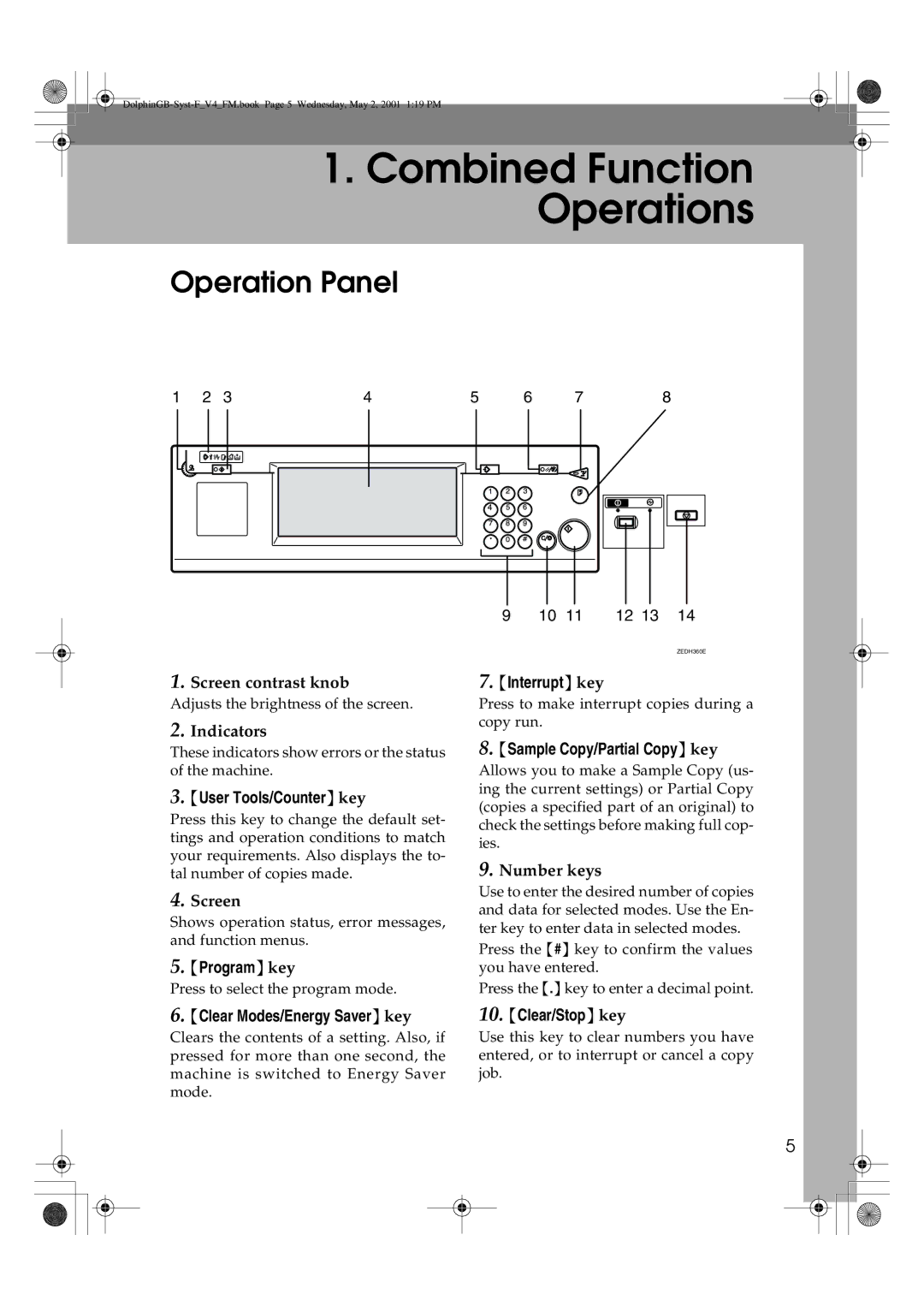 Savin 4700WD manual Combined Function Operations, Operation Panel 