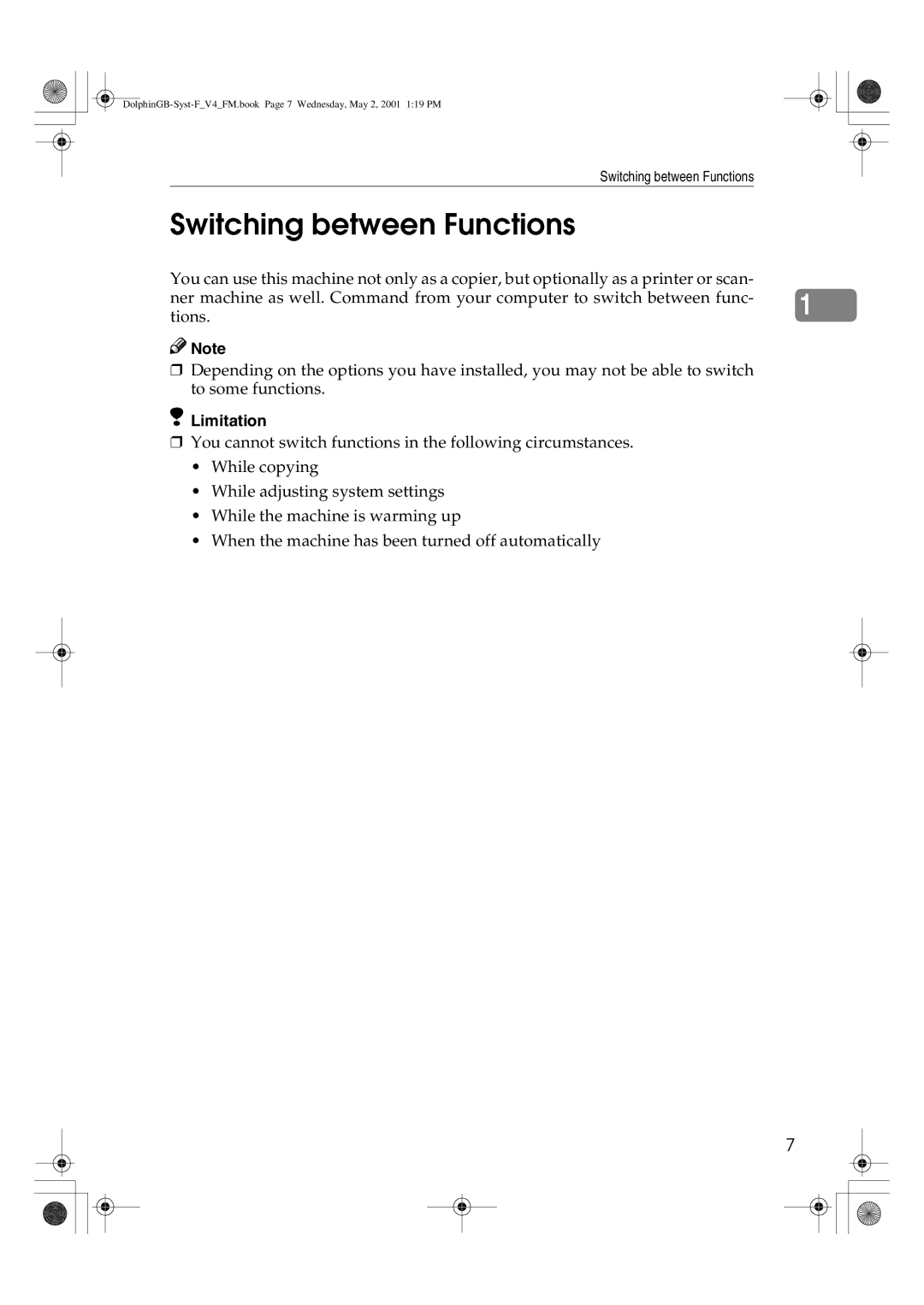 Savin 4700WD manual Switching between Functions 