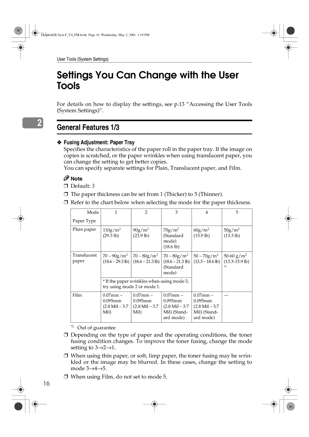 Savin 4700WD manual Settings You Can Change with the User Tools, General Features 1/3, Fusing Adjustment Paper Tray 