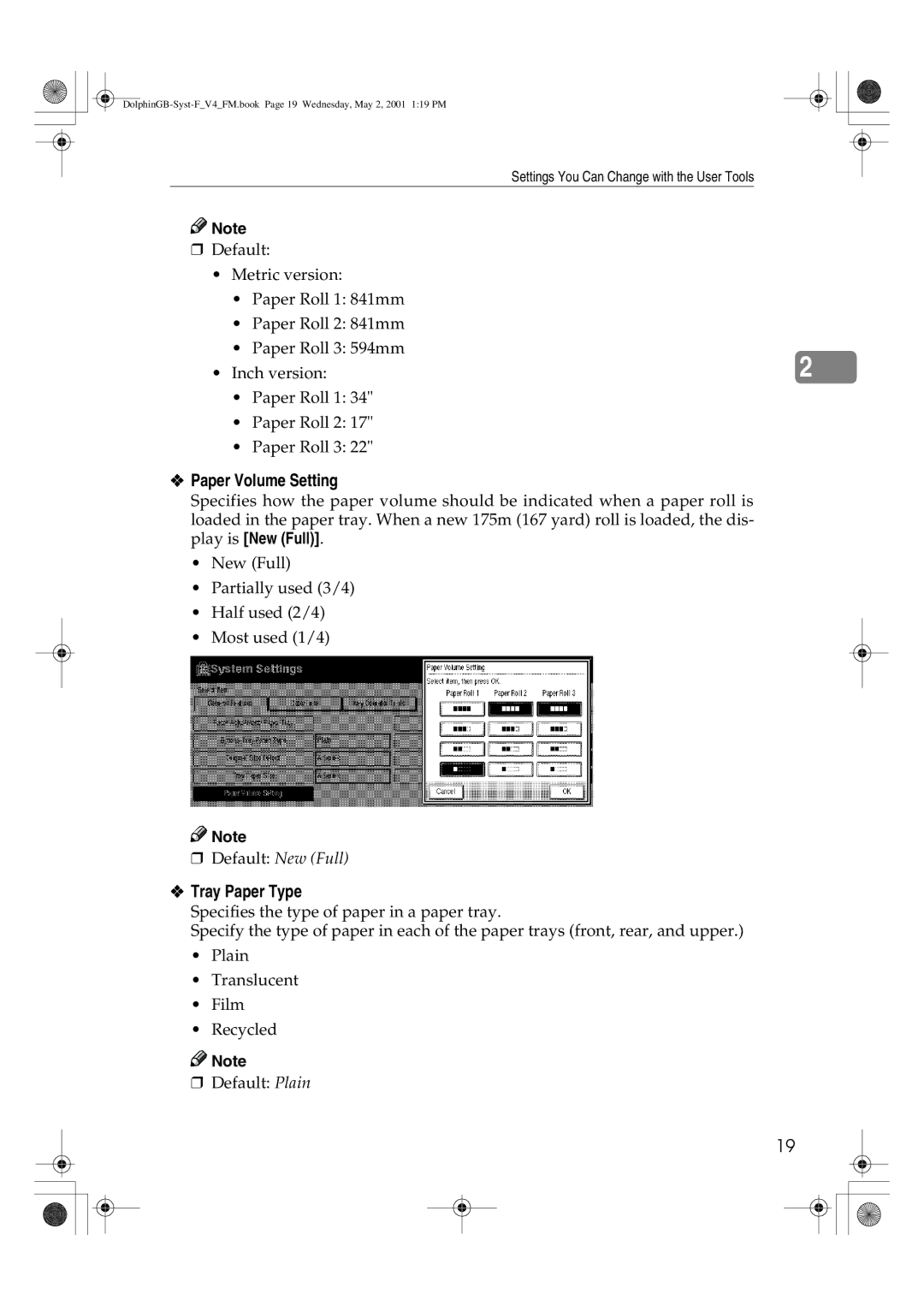 Savin 4700WD manual Paper Volume Setting, Tray Paper Type 