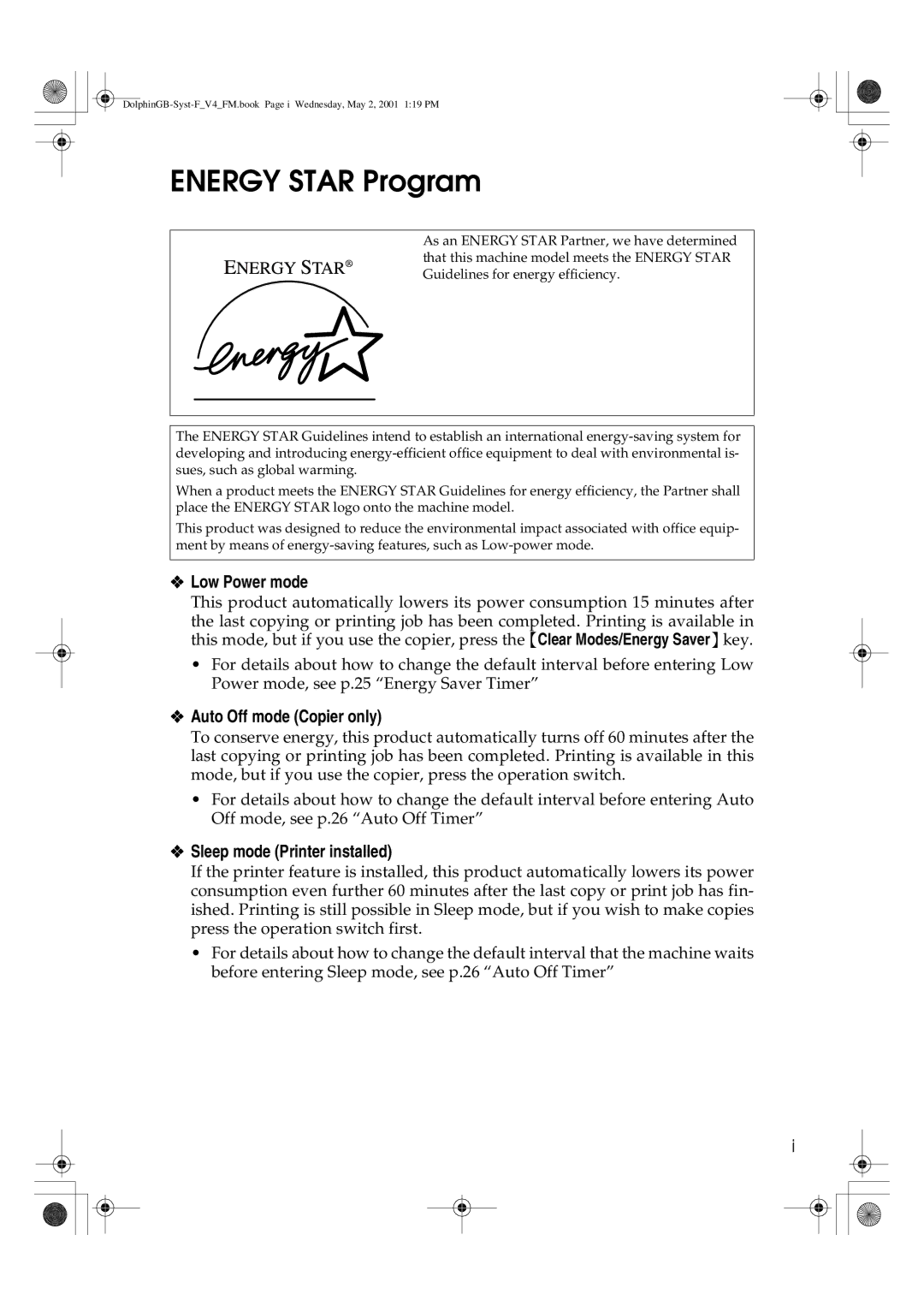 Savin 4700WD manual Energy Star Program, Low Power mode, Auto Off mode Copier only, Sleep mode Printer installed 