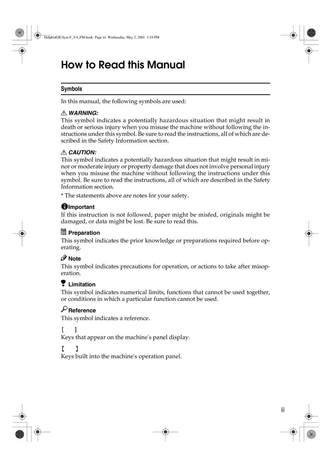 Savin 4700WD manual How to Read this Manual, Symbols 