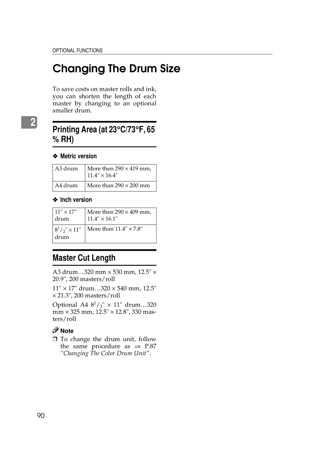 Savin 5450, 3350DNP manual Changing The Drum Size, Printing Area at 23C/73F, 65 % RH, Master Cut Length 